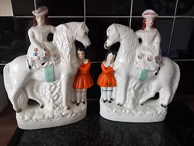 Buy Pair Of Antique Victorian Staffordshire Pottery Figurines Children With Horse • 149£