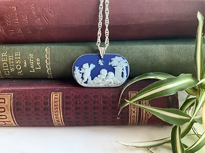 Buy Antique Blue Dip Wedgwood Jasper Ware Cameo Necklace Cherubs Angles Playing Gift • 35£