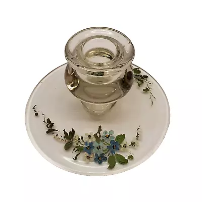 Buy Vintage Hand Painted Floral Clear Glass Candlestick Candle Holder Cottage Style • 14.20£