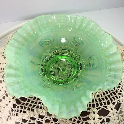Buy Opalescent Green Fruit Ruffled Beaded Glass Bowl Antique • 28.39£