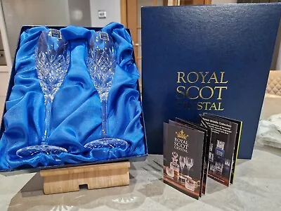 Buy ROYAL SCOT HAND CUT LEAD CRYSTAL CHAMPAGNE FLUTES X 2|NEW BOXED| • 60£