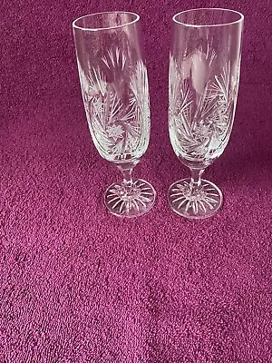Buy Lovely Pair Of Cut Glass Crystal Champagne Glasses/Flutes  • 16£