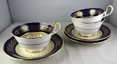 Buy 3 Aynsley English Bone China 7601 Cobalt & Heavy Gold Tea Cup & Saucer Sets • 43.22£
