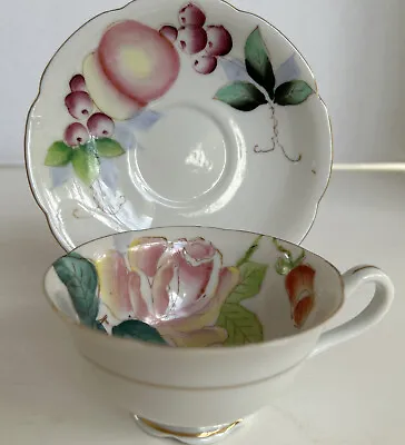 Buy Fern Japan Hand Painted Vintage Teacup And Saucer Pink Flowers And Fruit • 23.07£