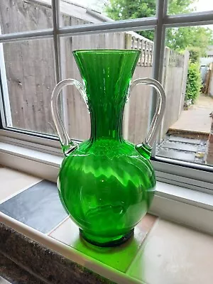 Buy A Large Vintage Two Handled Green Glass Vase. • 8.95£