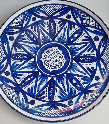 Buy Vintage Spanish Platter Blue White Floral Wall Plate Hanging 35cm Wide Spain Lge • 27.50£
