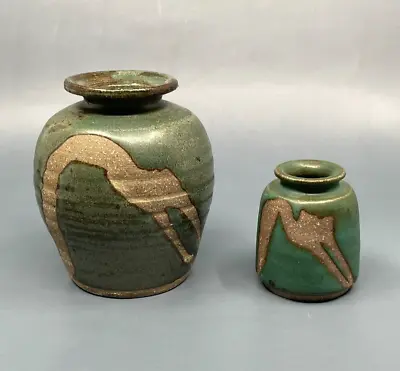 Buy Art Pottery Vases Green Glaze Unglazed Tan Design Set Of 2 Artist Signed • 17.06£