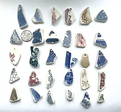 Buy 30 Drilled Sea Glass Style Pottery Pieces  Jewellery Necklaces Bracelets # 556 • 14.75£