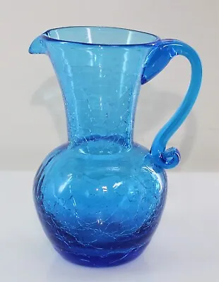 Buy Blenko Blue Crackle Glass Pitcher Vase W/Handle Hand Blown 5.25  Tall Vintage • 16.42£