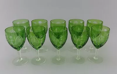 Buy Lovely Set 10 Antique Green Cut To Clear Cut Glass Wine Glasses Stemware 6  • 426.93£