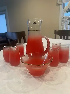 Buy Vintage Blendo Pitcher And 6 Glasses Frosted Bowl Red Gold Trim EUC • 125.92£