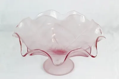 Buy Footed Pedestal Pink Frosted Glass Bowl Centerpiece Scalloped Edges Leaf Pattern • 36.67£