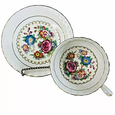 Buy Aynsley Tea Cup And Saucer Floral Blue Burgundy Bone China Footed Scallop Gold • 43.34£