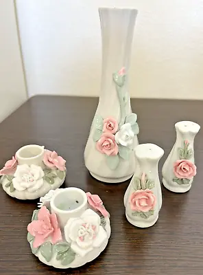Buy 5-pc Vintage Porcelain Rose Vase, S&P Shakers, Candleholders, White  Pink Roses • 17.10£