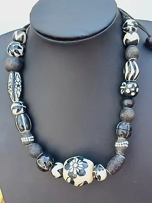 Buy Vintage Painted Glazed Pottery Beaded Necklace Collar Black & White Jewellery222 • 14.99£