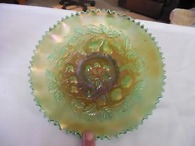 Buy Rare Northwood PLAIN Back 3 Fruits Green PCE Carnival Glass Bowl • 212.96£