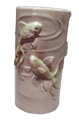 Buy Royal Copley Green KOI FISH 8.25  Vtg MCM Grey Sepia Chartreuse Vase Tromp L’œil • 36.15£