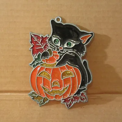 Buy Vtg Halloween Suncatcher Black Cat Pumpkin Stained Glass Window Hanger Pumpkin • 13.28£
