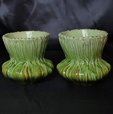 Buy Bretby Art Pottery 3.5  Pair Green Glazed Ceramic Foliage Pots 9090 Circa 1893 • 35£