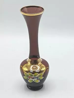 Buy Vintage Bohemian? Bud Vase Amethyst Purple Glass Gold Enamel Flowers • 12.49£