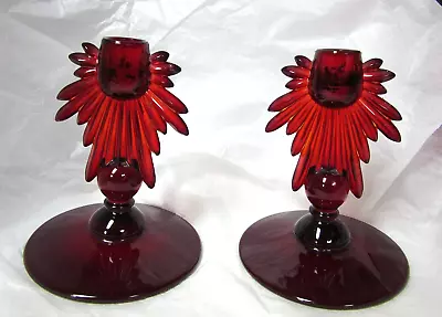 Buy 2 Vintage  New Martinsville Ruby Red Teardrop Candle Holders Set Candlesticks • 95.89£