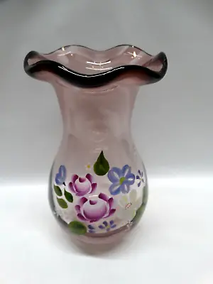 Buy Fenton Purple Amethyst Ruffled Top Glass Floral Hand Painted Vase Teleflora • 14.39£