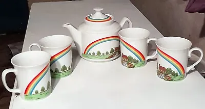 Buy Vintage Rainbow Tea Set Cottage Teapot 4 Mugs Cup Enesco Ceramic 1978 Wht VTG • 60.74£