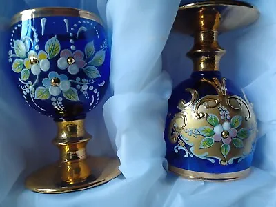 Buy Cobalt Blue Goblet Hand Painted & Gilded Bohemian Miniature Pair Decorated Glass • 86.61£