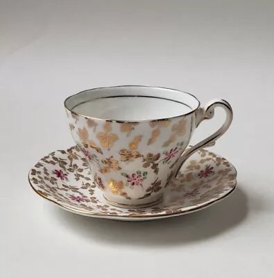 Buy Vintage ROYAL STANDARD Tea Cup Saucer Bone China England Gold Leaves Pink Flower • 55.98£