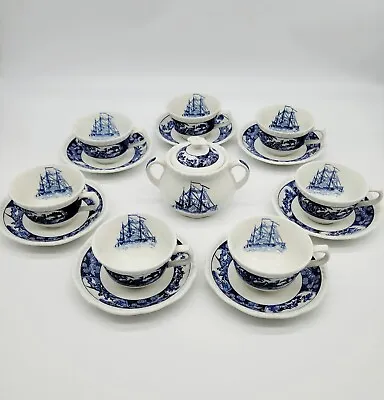 Buy Vintage Wedgewood  Friendship Salem Blue  Sailing Ship Sugar Dish, Cups &... • 120.59£