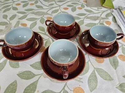 Buy Four Denby Homestead Stoneware Brown & Blue  Cups And Four Matching Saucers • 5£