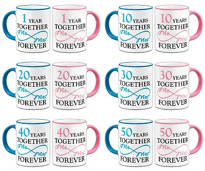 Buy Pair Of Mr & Mrs Together Forever Anniversary Novelty Gift Mugs - Blue & Pink • 10.99£