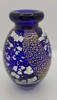 Buy Hand Blown Glass Cobalt Blue Small Single Bud Vase With Gold & Silver Leaf 4x2  • 15.95£