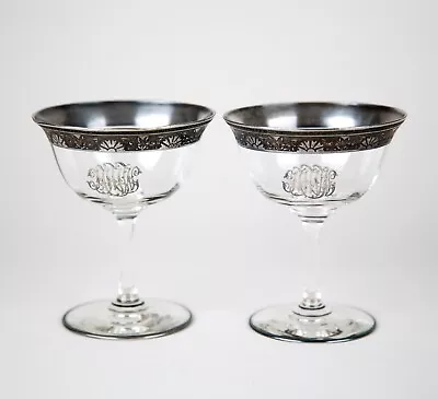 Buy Czech Bohemian Silver Overlay Monogramed Crystal Champagne Coupe Glasses Set (2) • 35.40£