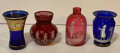 Buy Vintage Bohemian Venetian Glass Mary Gregory Cobalt Cranberry Glass Bud Vase Lot • 95.33£
