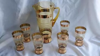 Buy Retro Bohemia Czech Glass Pitcher Jug  &  6 Glasses Lemonade Set Gold Bands • 26.98£