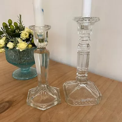 Buy Two Vintage Candlesticks Clear Pressed Glass Candle Holders Decorative Pair • 12£