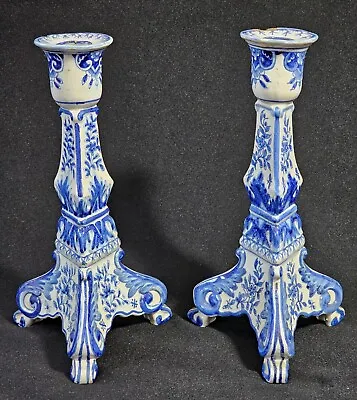 Buy A Pair Of 19thC Faience Tripod Candlestick Hand Painted In Blue And White • 75£