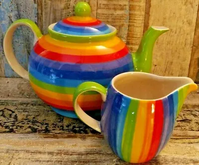 Buy Rainbow Stripe Large Teapot With Milk Jug Ceramic Fair Trade Hand Painted   • 25.95£