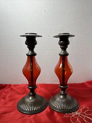 Buy Vintage Rosy Red Copper Candler Holders.With Flash Glass Orbs • 47.42£