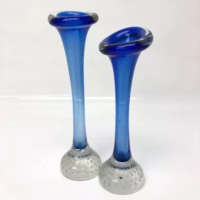 Buy Aseda Swedish Blue Bud Vases X2 Mid Century Art Glass Hand Blown Pair 24cm -CP • 9.99£