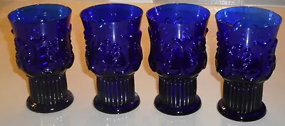 Buy Cobalt Blue Glasses Vintage Pedestal 5 Oz Embossed 4 Glass Tumblers • 35.54£