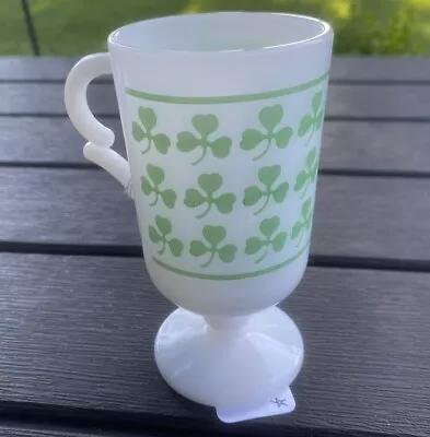 Buy Vintage Pedestal Green Clover Shamrock Milk Glass Mug • 13.20£