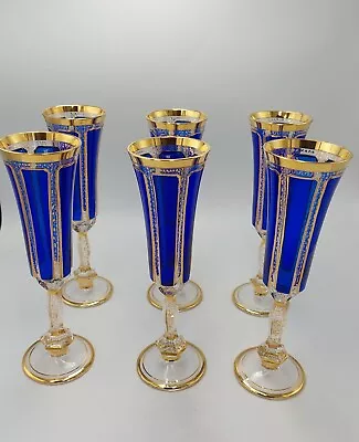 Buy Antique Moser Bohemian Cabochon Cut Art Glass Cobalt Blue Gilt Goblets STUNNING • 867.40£