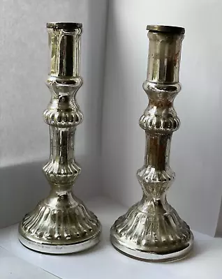 Buy Cox And Cox Pair Silver ‘Antiqued Mercury’ Glass Pillar Candlesticks Rrp £50 • 25£