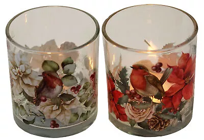 Buy Traditional Christmas Robin Glass Votive Tealight Candle Holders (Set Of 2) • 12.99£