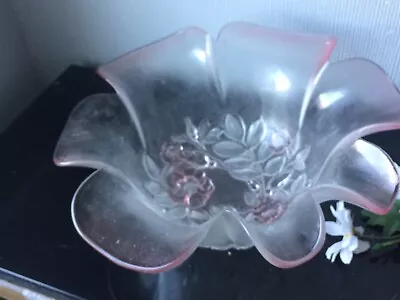 Buy Germany Walther Glas Fruit Bowl Glass Pink Floral Deep Bowl Scalloped Edge Dish • 14£