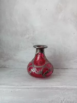 Buy Antique Silver Overlay Cranberry Glass  Vase C.19th Sinuous Design *Restoration* • 45£