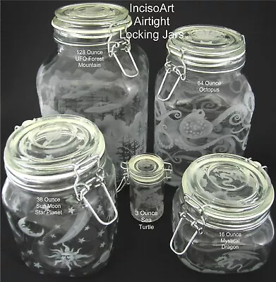 Buy Hand Etched Glass Jar Airtight Canister Sandblasted (Sand Carved) Clamp Lid • 33.69£