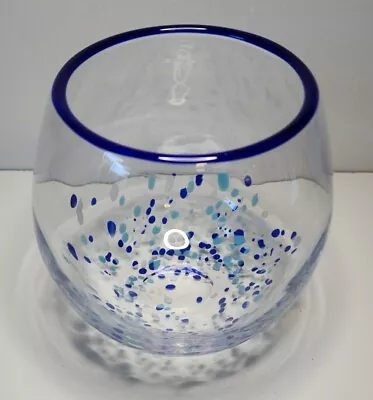 Buy Hand Blown Speckled Glass Bowl, Clear & Blues, Cobalt Blue Rim, Excellent Cond! • 19.14£